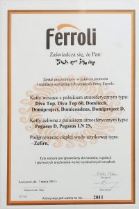 Ferroli — Autoryzowany Serwis — certyfikat GAZSERWIS.CO