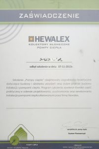 Hewalex — Kolektory słoneczne i pompy ciepła — certyfikat GAZSERWIS.CO