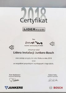 Junkers / Bosch — Lider Klubu 2018 — certyfikat GAZSERWIS.CO