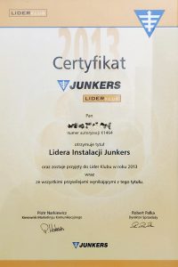 Junkers — Lider Klubu 2013 — certyfikat GAZSERWIS.CO