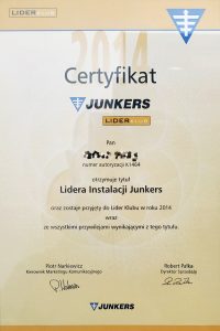 Junkers — Lider Klubu 2014 — certyfikat GAZSERWIS.CO