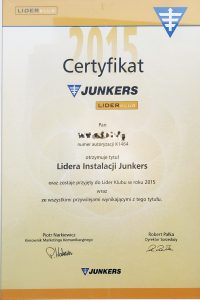 Junkers — Lider Klubu 2015 — certyfikat GAZSERWIS.CO