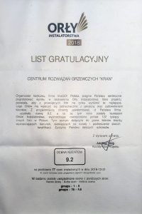 Orły Instalatorstwa 2018 — certyfikat GAZSERWIS.CO