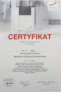 Zehnder — Akademia Wentylacji Komfortowej — certyfikat GAZSERWIS.CO