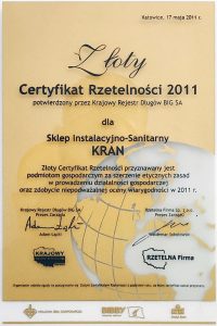 Złoty Certyfikat Rzetelności 2011 — certyfikat GAZSERWIS.CO