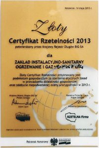 Złoty Certyfikat Rzetelności 2013 — certyfikat GAZSERWIS.CO